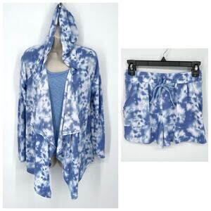 Roudelain NWT 3 Pc PJ Set Sleepwear Hooded Robe Shirt & Shorts Size S Blue White
